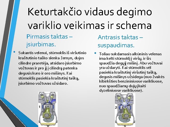 Keturtakčio vidaus degimo variklio veikimas ir schema Pirmasis taktas – įsiurbimas. • Sukantis velenui,