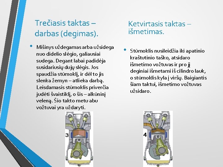 Trečiasis taktas – darbas (degimas). • Mišinys uždegamas arba užsidega nuo didelio slėgio, galiausiai