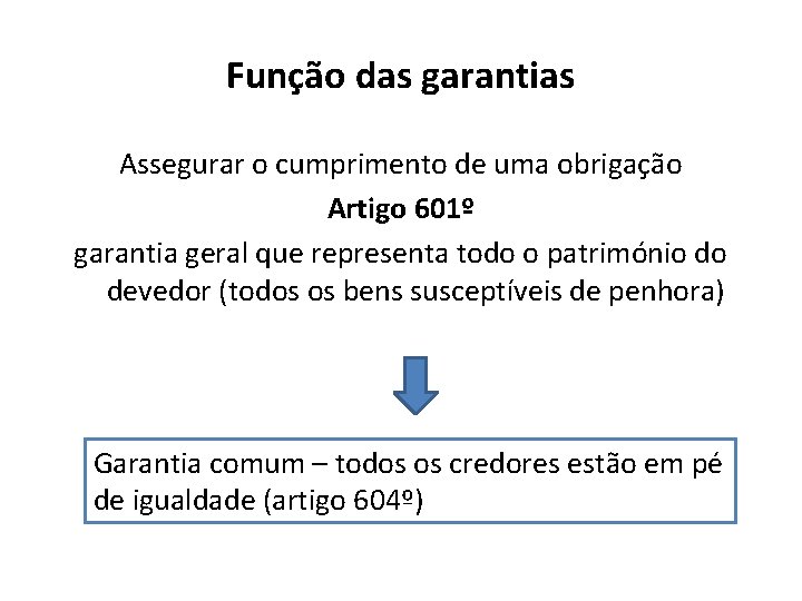 Função das garantias Assegurar o cumprimento de uma obrigação Artigo 601º garantia geral que