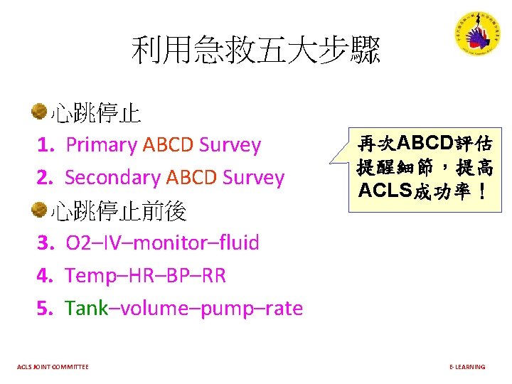 利用急救五大步驟 心跳停止 1. Primary ABCD Survey 2. Secondary ABCD Survey 心跳停止前後 3. O 2–IV–monitor–fluid