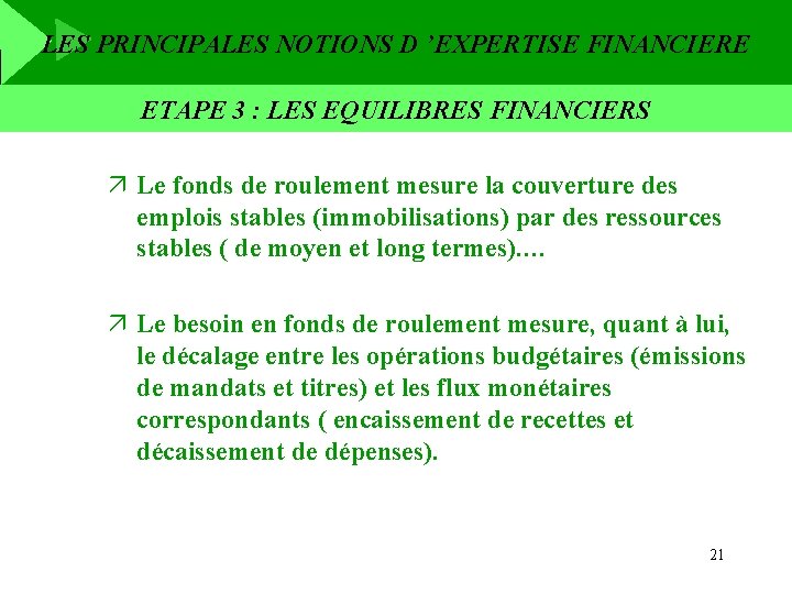 LES PRINCIPALES NOTIONS D ’EXPERTISE FINANCIERE ETAPE 3 : LES EQUILIBRES FINANCIERS ä Le