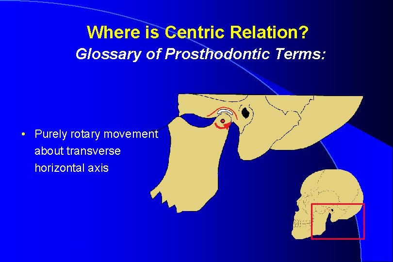 Where is Centric Relation? Glossary of Prosthodontic Terms: • Purely rotary movement about transverse