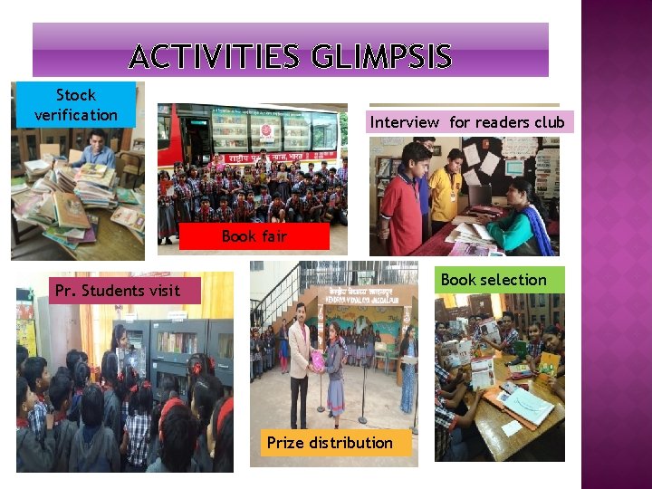 ACTIVITIES GLIMPSIS Stock verification Interview for readers club Book fair Book selection Pr. Students