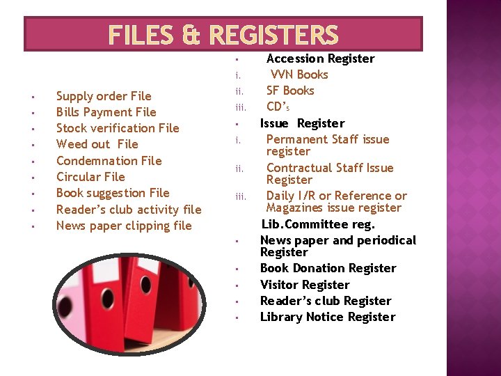 FILES & REGISTERS • i. • • • Supply order File Bills Payment File
