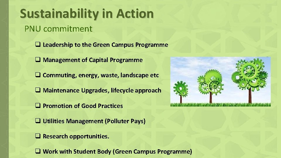 Sustainability in Action PNU commitment q Leadership to the Green Campus Programme q Management