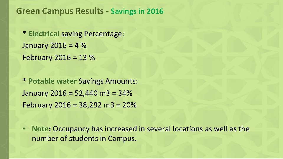 Green Campus Results - Savings in 2016 * Electrical saving Percentage: January 2016 =