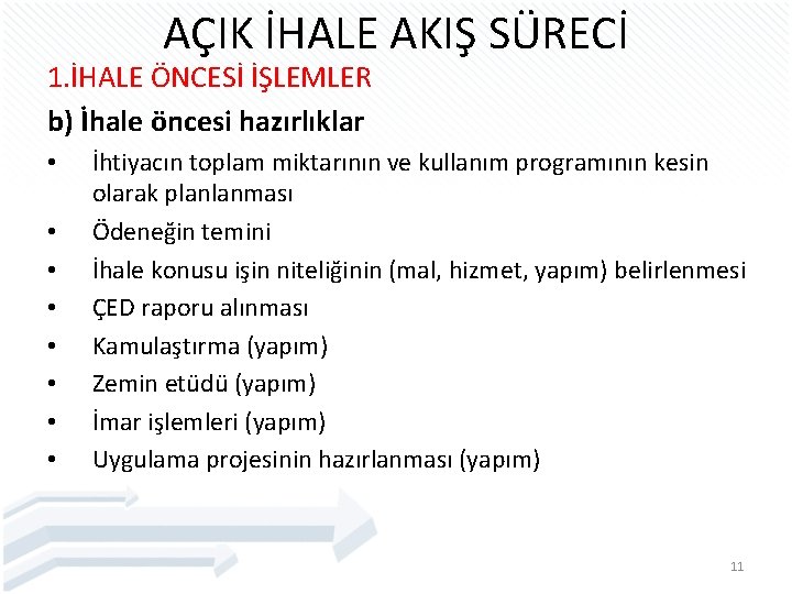 AÇIK İHALE AKIŞ SÜRECİ 1. İHALE ÖNCESİ İŞLEMLER b) İhale öncesi hazırlıklar • •