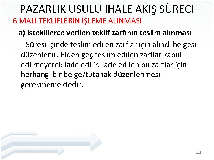 PAZARLIK USULÜ İHALE AKIŞ SÜRECİ 6. MALİ TEKLİFLERİN İŞLEME ALINMASI a) İsteklilerce verilen teklif