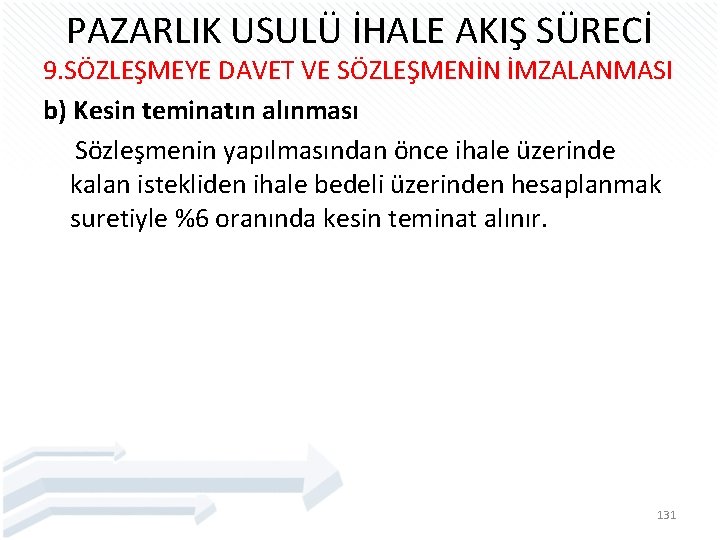 PAZARLIK USULÜ İHALE AKIŞ SÜRECİ 9. SÖZLEŞMEYE DAVET VE SÖZLEŞMENİN İMZALANMASI b) Kesin teminatın