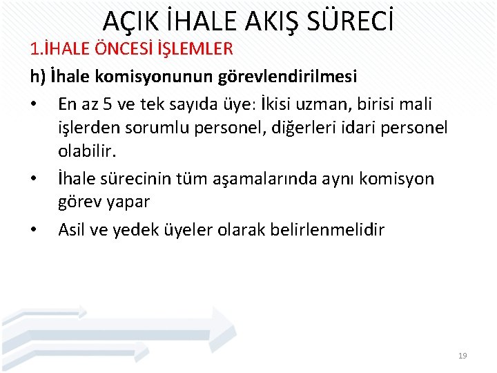 AÇIK İHALE AKIŞ SÜRECİ 1. İHALE ÖNCESİ İŞLEMLER h) İhale komisyonunun görevlendirilmesi • En