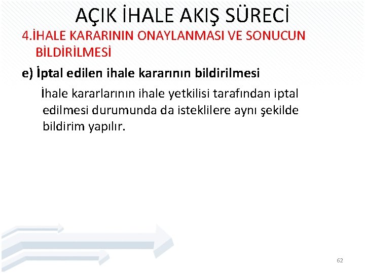 AÇIK İHALE AKIŞ SÜRECİ 4. İHALE KARARININ ONAYLANMASI VE SONUCUN BİLDİRİLMESİ e) İptal edilen