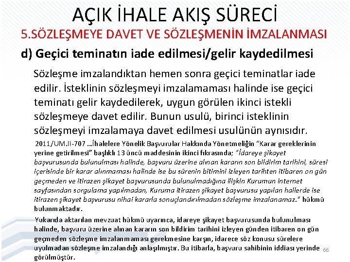 AÇIK İHALE AKIŞ SÜRECİ 5. SÖZLEŞMEYE DAVET VE SÖZLEŞMENİN İMZALANMASI d) Geçici teminatın iade