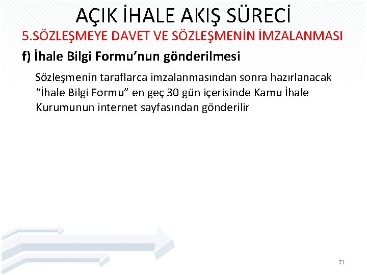 AÇIK İHALE AKIŞ SÜRECİ 5. SÖZLEŞMEYE DAVET VE SÖZLEŞMENİN İMZALANMASI f) İhale Bilgi Formu’nun