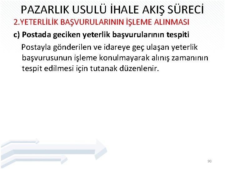 PAZARLIK USULÜ İHALE AKIŞ SÜRECİ 2. YETERLİLİK BAŞVURULARININ İŞLEME ALINMASI c) Postada geciken yeterlik