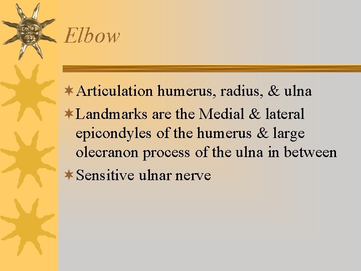 Elbow ¬Articulation humerus, radius, & ulna ¬Landmarks are the Medial & lateral epicondyles of Elbow ¬Articulation humerus, radius, & ulna ¬Landmarks are the Medial & lateral epicondyles of
