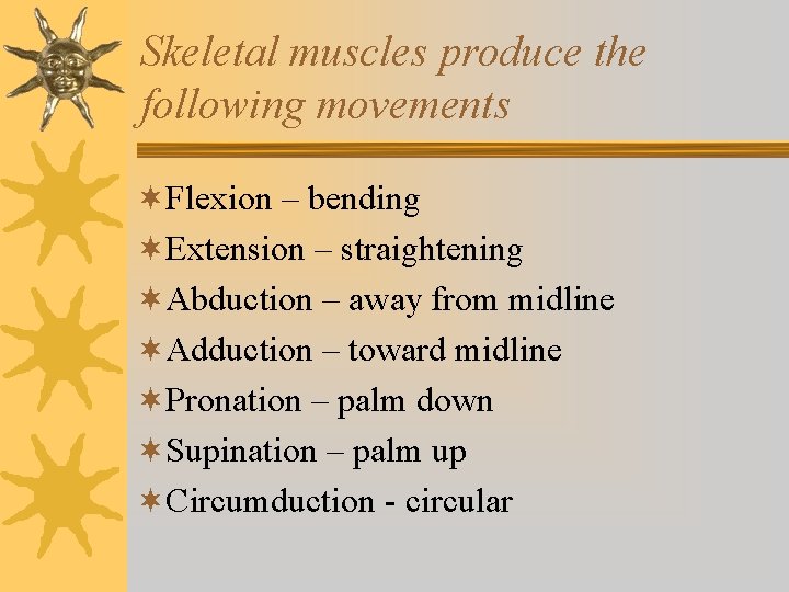 Skeletal muscles produce the following movements ¬Flexion – bending ¬Extension – straightening ¬Abduction – Skeletal muscles produce the following movements ¬Flexion – bending ¬Extension – straightening ¬Abduction –