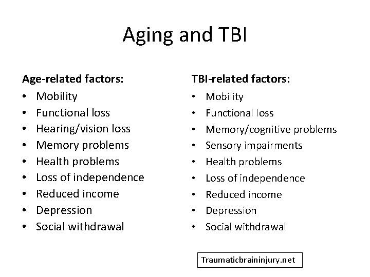 Aging and TBI Age-related factors: • Mobility • Functional loss • Hearing/vision loss •