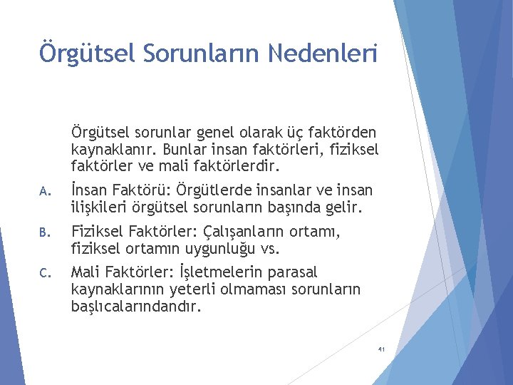 Örgütsel Sorunların Nedenleri Örgütsel sorunlar genel olarak üç faktörden kaynaklanır. Bunlar insan faktörleri, fiziksel