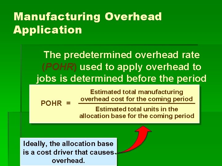 Manufacturing Overhead Application The predetermined overhead rate (POHR) used to apply overhead to jobs