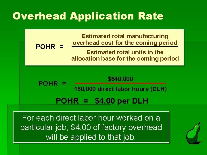 Overhead Application Rate POHR = Estimated total manufacturing overhead cost for the coming period