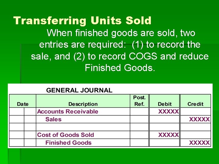 Transferring Units Sold When finished goods are sold, two entries are required: (1) to