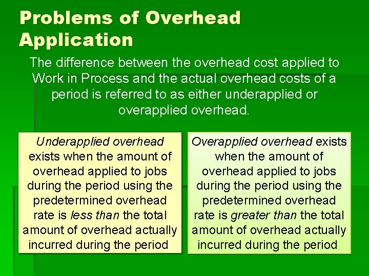 Problems of Overhead Application The difference between the overhead cost applied to Work in