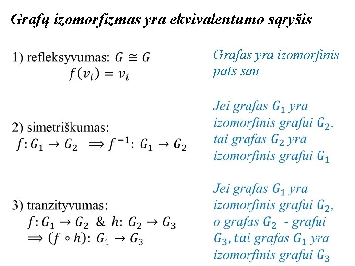 Grafų izomorfizmas yra ekvivalentumo sąryšis Grafas yra izomorfinis pats sau 