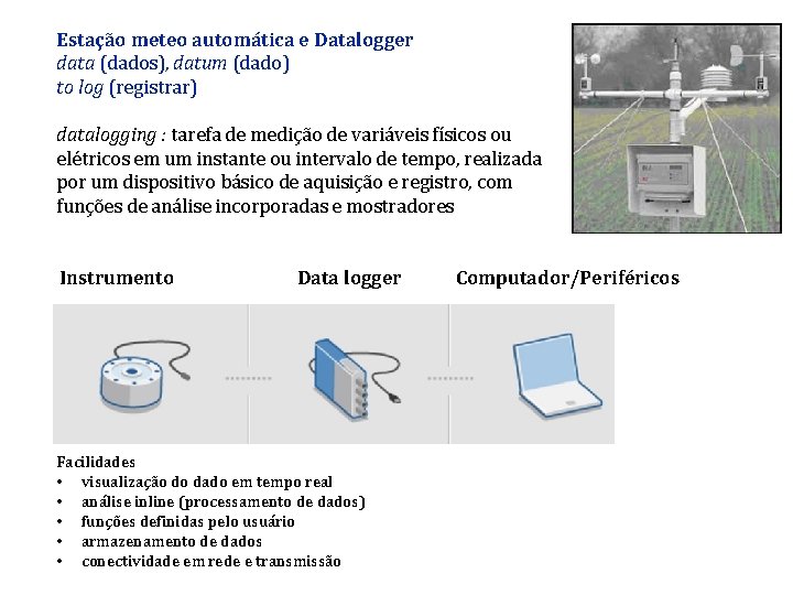 Estação meteo automática e Datalogger data (dados), datum (dado) to log (registrar) datalogging :
