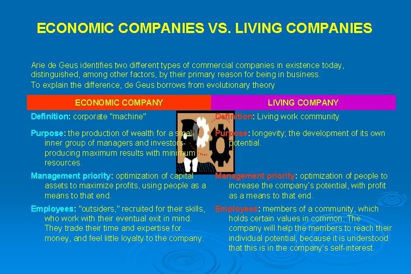 ECONOMIC COMPANIES VS. LIVING COMPANIES Arie de Geus identifies two different types of commercial
