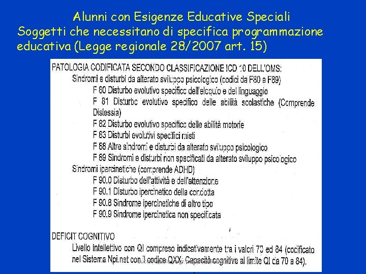 Alunni con Esigenze Educative Speciali Soggetti che necessitano di specifica programmazione educativa (Legge regionale