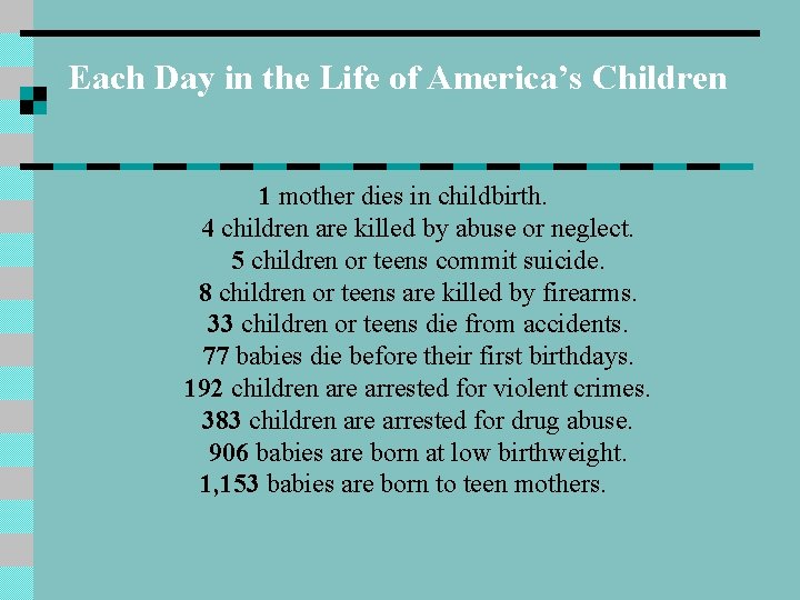 Each Day in the Life of America’s Children 1 mother dies in childbirth. 4