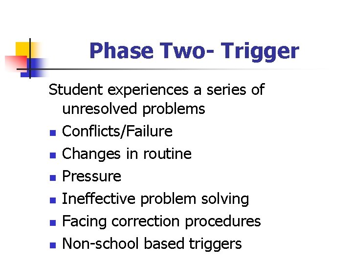 Phase Two- Trigger Student experiences a series of unresolved problems n Conflicts/Failure n Changes