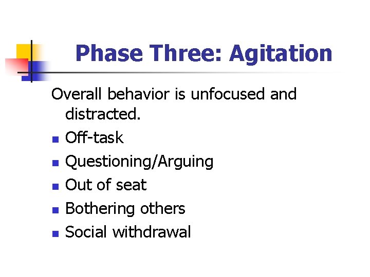 Phase Three: Agitation Overall behavior is unfocused and distracted. n Off-task n Questioning/Arguing n