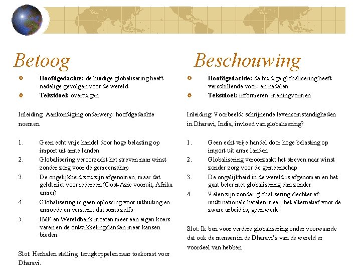 Betoog Beschouwing Hoofdgedachte: de huidige globalisering heeft nadelige gevolgen voor de wereld Tekstdoel: overtuigen
