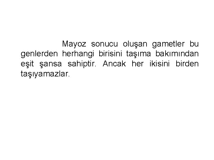 Mayoz sonucu oluşan gametler bu genlerden herhangi birisini taşıma bakımından eşit şansa sahiptir. Ancak