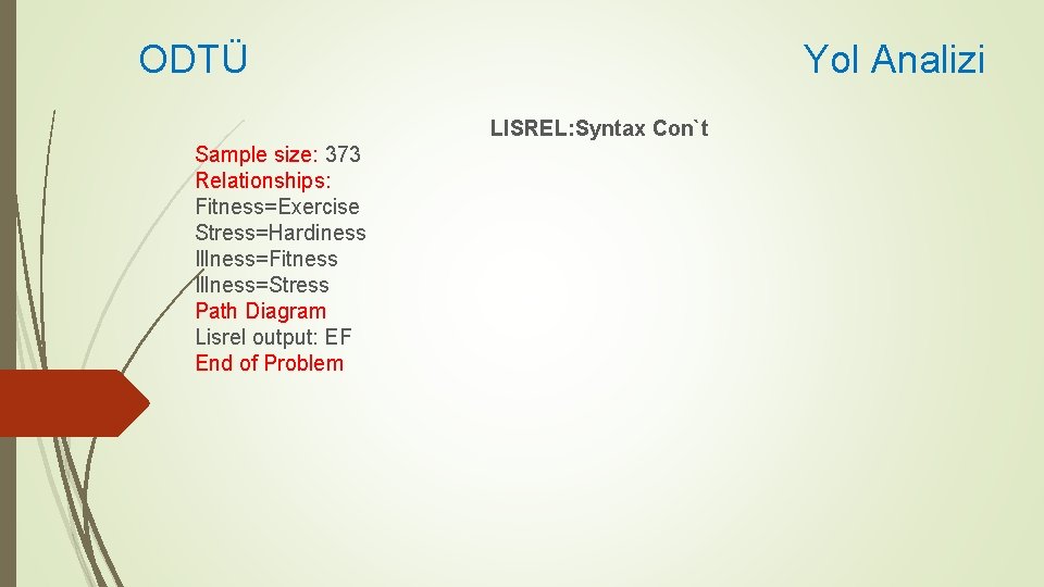 ODTÜ Yol Analizi LISREL: Syntax Con`t Sample size: 373 Relationships: Fitness=Exercise Stress=Hardiness Illness=Fitness Illness=Stress