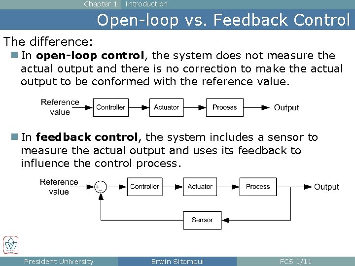Chapter 1 Introduction Open-loop vs. Feedback Control The difference: n In open-loop control, the