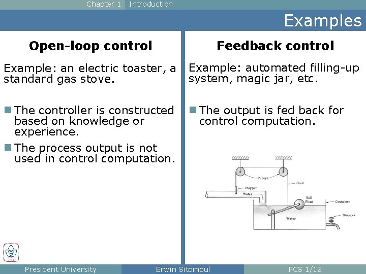 Chapter 1 Introduction Examples Open-loop control Feedback control Example: an electric toaster, a standard