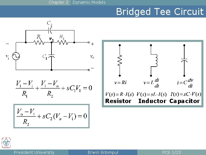 Chapter 2 Dynamic Models Bridged Tee Circuit v 1 Resistor President University Erwin Sitompul