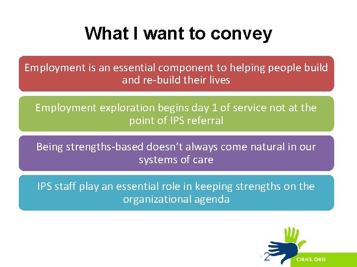 What I want to convey Employment is an essential component to helping people build