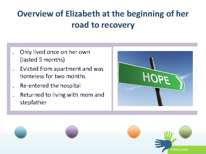 Overview of Elizabeth at the beginning of her road to recovery ₋ Only lived