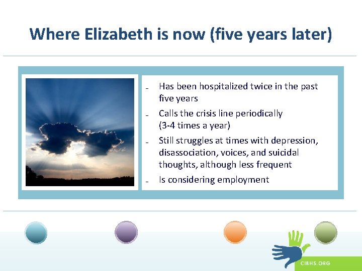 Where Elizabeth is now (five years later) ₋ Has been hospitalized twice in the