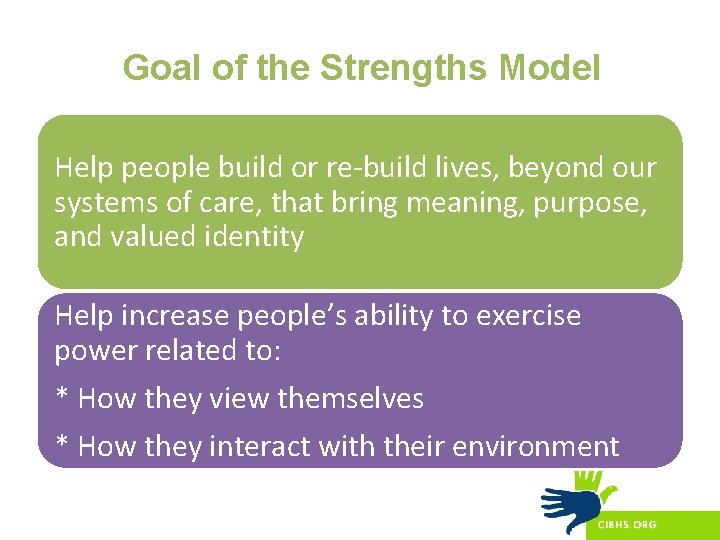 Goal of the Strengths Model Help people build or re-build lives, beyond our systems