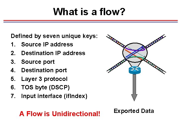 What is a flow? Defined by seven unique keys: 1. Source IP address 2. What is a flow? Defined by seven unique keys: 1. Source IP address 2.