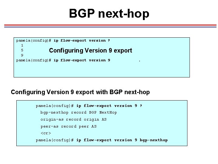 BGP next-hop pamela(config)# ip flow-export version ? 1 5 Configuring Version 9 9 pamela(config)# BGP next-hop pamela(config)# ip flow-export version ? 1 5 Configuring Version 9 9 pamela(config)#
