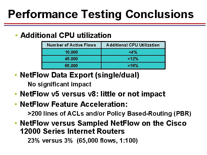 Performance Testing Conclusions • Additional CPU utilization Number of Active Flows Additional CPU Utilization