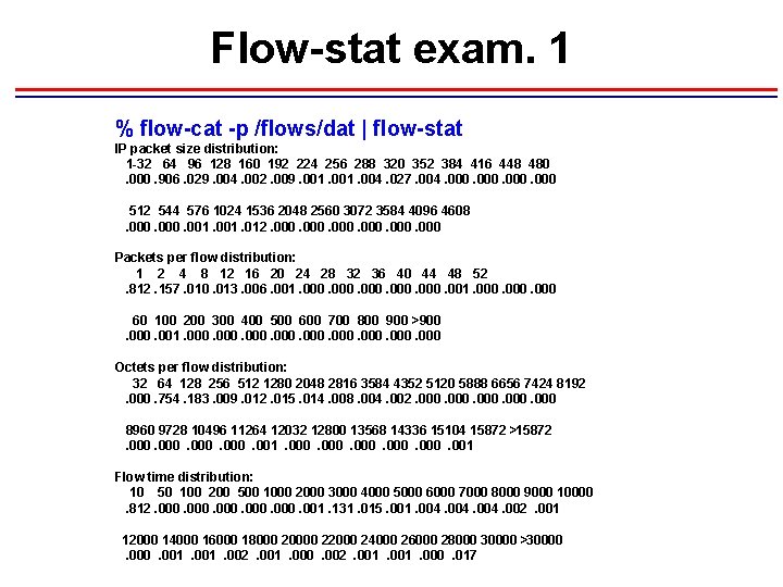 Flow-stat exam. 1 % flow-cat -p /flows/dat | flow-stat IP packet size distribution: 1 Flow-stat exam. 1 % flow-cat -p /flows/dat | flow-stat IP packet size distribution: 1