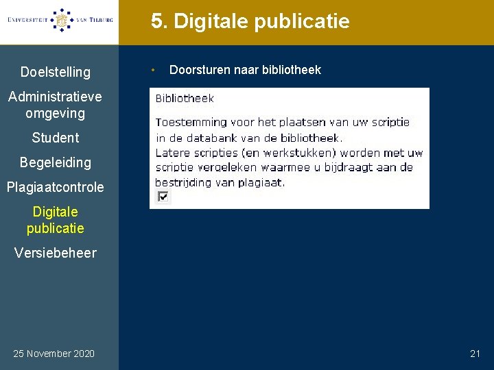 5. Digitale publicatie Doelstelling • Doorsturen naar bibliotheek Administratieve omgeving Student Begeleiding Plagiaatcontrole Digitale
