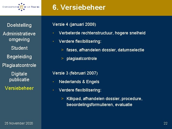 6. Versiebeheer Doelstelling Administratieve omgeving Versie 4 (januari 2008) • Verbeterde rechtenstructuur, hogere snelheid