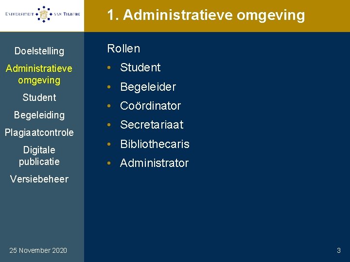 1. Administratieve omgeving Doelstelling Administratieve omgeving Student Begeleiding Plagiaatcontrole Digitale publicatie Rollen • Student